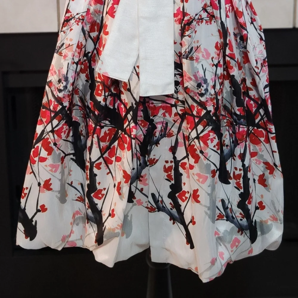 Samuel Dong Red White Cherry Blossoms Wired Double Collar Zip Front Dress - Picture 4 of 5